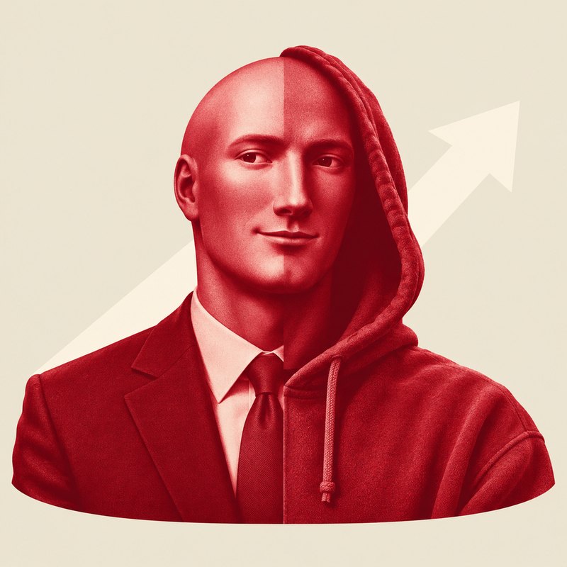 The STONKWAR mark: one face, half Wall Street suit, half trench hoodie